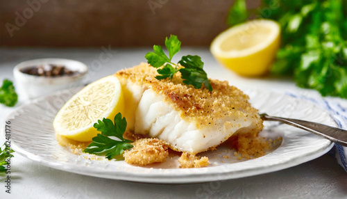 Baked cod fish with crispy breadcrumbs on a plate with lemon.