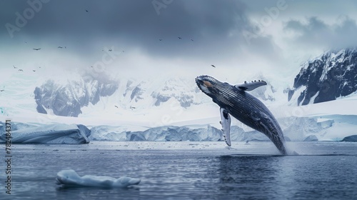 A humpback whale is seen leaping out of the water against the backdrop of Antarctica and an iceberg. The majestic creature is captured mid-jump, showcasing its impressive strength and grace.