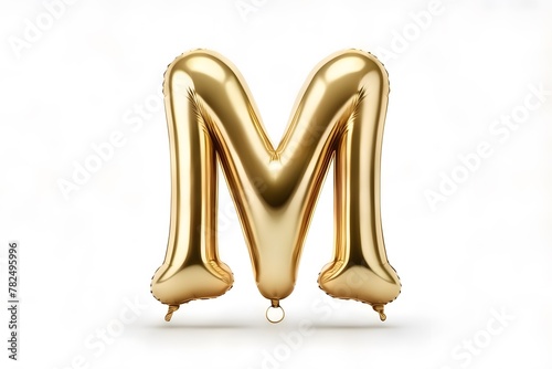 Golden balloon shape for alphabet (M) character (m) on white background