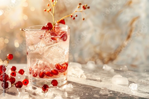 A refreshing drink featuring cranberries, ice, and water in a glass