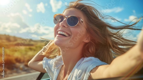 A woman with sunglasses and hair blowing in the wind. AI.
