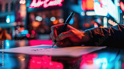 Close-up of a persons hand holding a pen and writing on a piece of paper, illuminated by neon city lights
