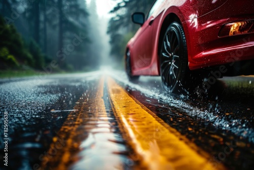 Red car with bright automotive lighting drives on wet asphalt road in the rain