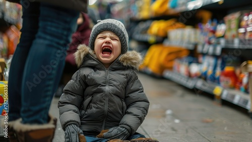 A child is crying in a store. childish hysteria. parental patience. formation of the child's psyche. boy screaming