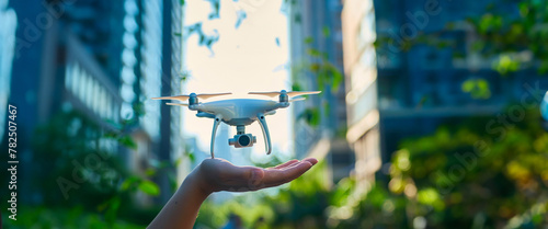 Hand gently holding a white drone aloft against a blurred urban background, suggesting technology in harmony with city life. Banner. Copy space