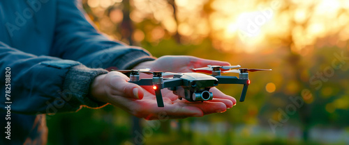 A person cradles a compact drone in their hands at dusk, the warm glow of sunset highlighting the sophistication of modern gadgets. Banner. Copy space