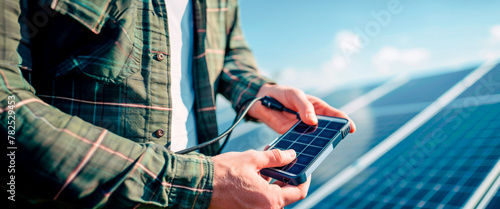 Close-up of hands using a portable solar charger to power a smartphone, set against a backdrop of blue photovoltaic cells. Environmental Protection. Heating and irrigation system. Banner. Copy space
