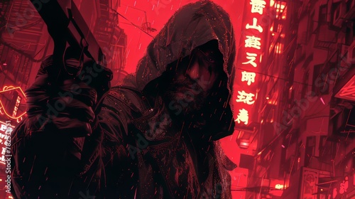 Hooded Assassin With Dagger and Pistol in Neon-Lit Alley
