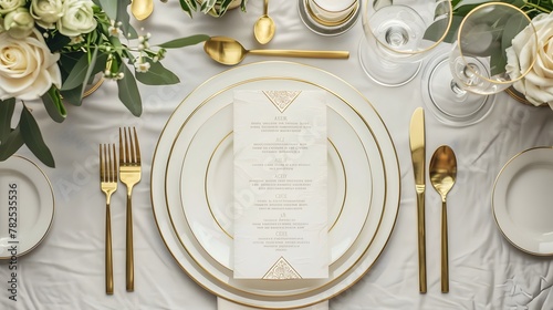 fine dining table setting of luxury fancy restaurant menu invitation card mockup for weddings and romantic eating event decoration as wide banner with empty copy space