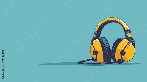 An illustrated pair of yellow industrial safety earmuffs on a soft blue background, symbolizing hearing protection.