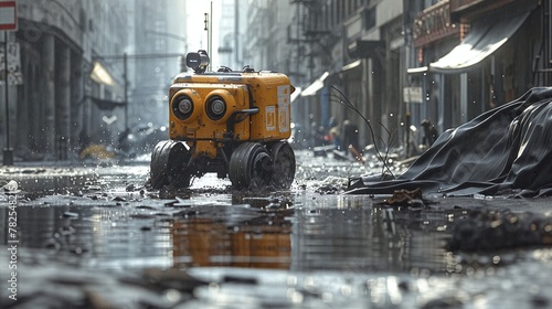 A yellow robot drives through a flooded city street.