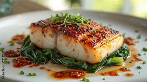 A medium-full portion of black cod served on a white plate, resting on a bed of vibrant green pak choi. Fish well presented with a golden-brown coating.