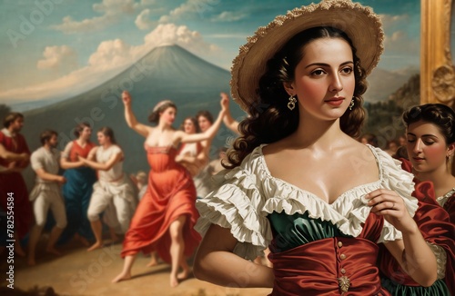 Representation of a typical dance of the Neapolitan folk tradition La Tarantella, with woman in the foreground with traditional clothes (about 1800)