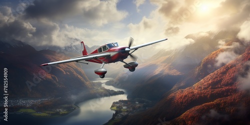 Pilot flying small aircraft over scenic landscape, concept of Adventure
