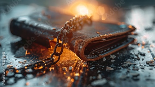 Chain breaking on a wallet, minimalist, bright background, symbolizing financial strain and debt burden