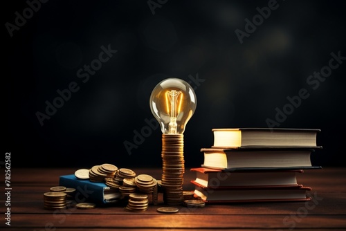 Radiant Innovation: A Glowing Light Bulb Elevating and Illuminating a Coin, Symbolizing the Fusion of Creativity and Wealth Generation in Modern Ventures