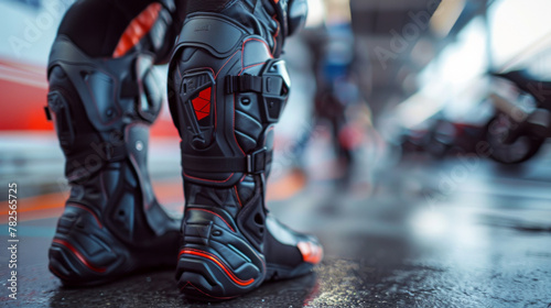 Focus on professional red and black motorcycle boots at the racetrack, with blurred bikes in the background.