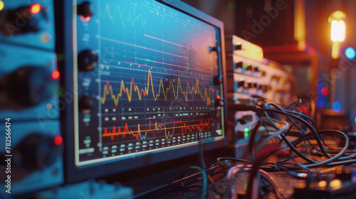 Close-up view of a monitor displaying colorful audio waveforms in a music studio.