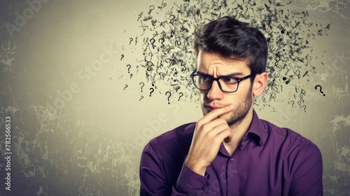 A man with glasses is looking at a wall with a lot of questions written on it