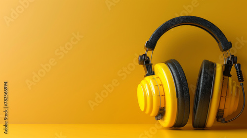 Bright yellow protective headphones against a matching yellow background, ideal for noise cancellation in work areas.
