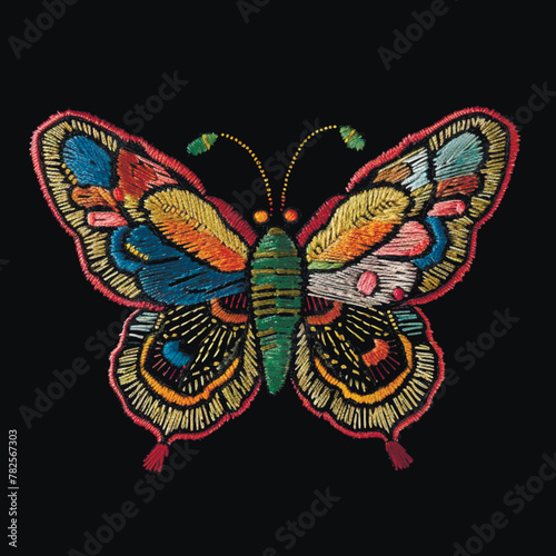 Textured embroidery colorful beautiful butterfly pattern. Decorative embroidered bright insect background. Vector ornamental butterfly. Stitching lines tapestry grunge surface texture. Illustration