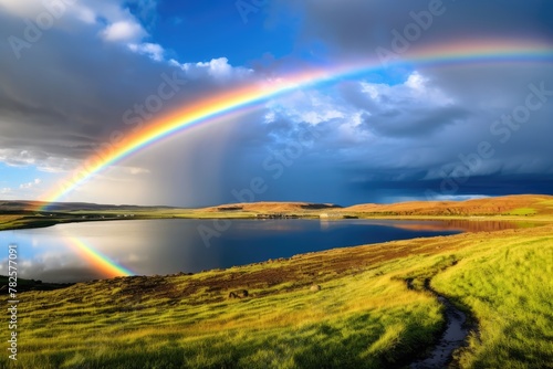a rainbow over a lake
