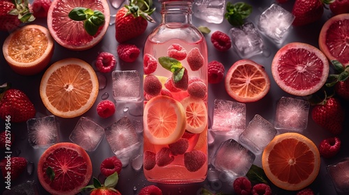 Healthy drink in stylish bottle with fruit slices and ice cubes colourful background. Summer drinks. Fresh concept. Summer concept. Fruits concept.