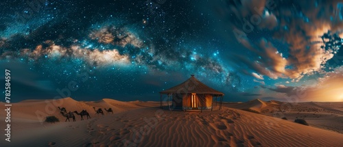 A small hut in the middle of a desert with stars above it. Generative AI.