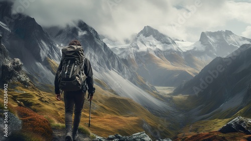 A hiker embarks on a trek through a dramatic and foggy mountain landscape, vastness ahead