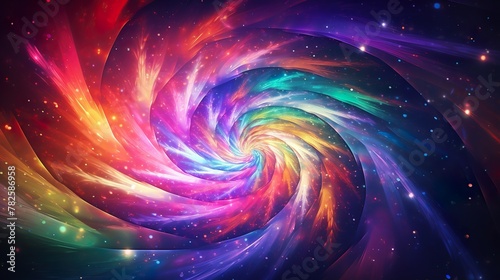 A swirling vortex of colors in space, filled with stars, dust, and glowing elements depicting an energetic and dynamic cosmic event