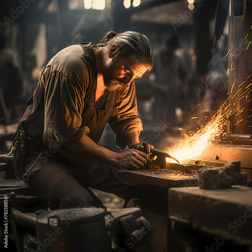Close-up of a blacksmith working on hot metal.