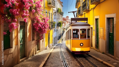 Bright yellow vintage tram on a narrow street in Lisbon, enclosed by colorful buildings and cobblestones