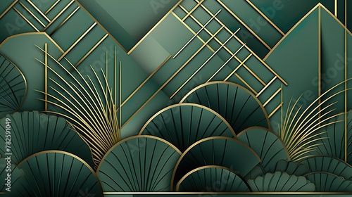 Stylized geometric lines and shapes in green and gold, reflecting a modern and sophisticated design