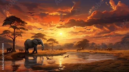 A serene African landscape featuring majestic elephants at a waterhole, surrounded by a vibrant orange sunset and flying birds
