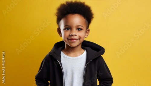 ai generative of a sweetheart young boy, with black jacket; yellow backgrounds; mock-up