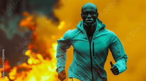 Athletic man in a blue jacket running with a dynamic posture in front of fire