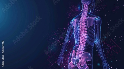 Abstract mesh line and dot physiotherapy human spine. Low poly Pain area surgery operation.