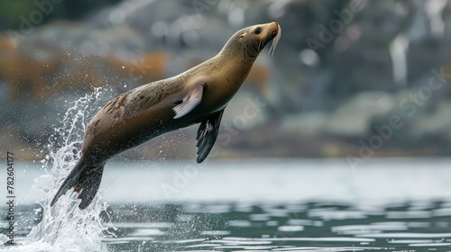 Adult Steller sea lion (Eumetopias jubatus), leaping, South Marble Islands, Glacier Bay National Park,