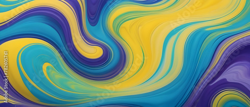 Abstract fluid art with vibrant swirls of yellow, blue, purple, and green background