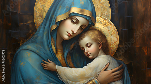 A Vintage Painting of the Virgin Mary Holding Baby Jesus With Halos Around Their Heads