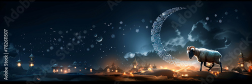 Greeting card with sacrificial sheep and crescent moon on cloudy night sky. Ramadan, Eid al Fitr. Eid Al Adha Mubarak celebration card, banner, background with copy space