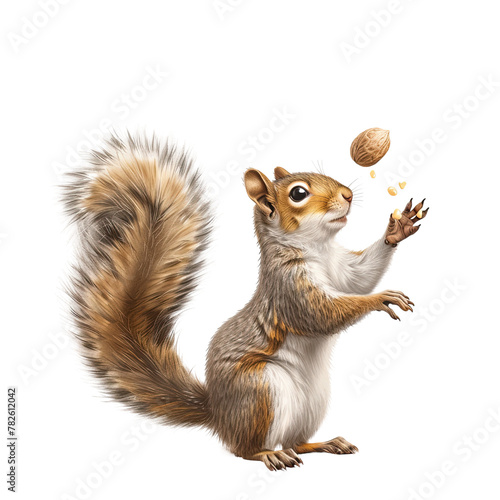 A playful squirrel is juggling a nut and butter in a whimsical cartoon setting, isolated on a transparent background.