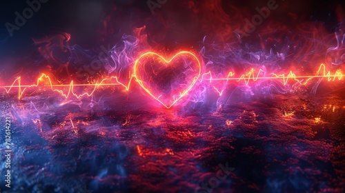 Neon heart beats with pulse wave motion graphic