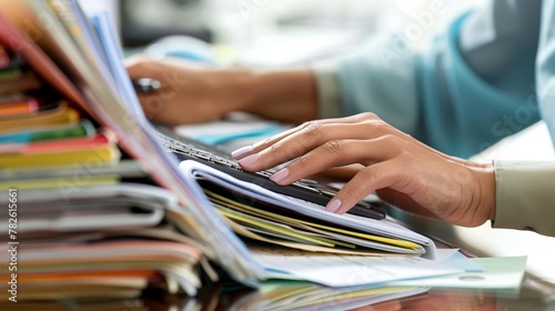 A closeup of a receptionists hands typing on the computer with files and documents neatly organized around her depicting the multitasking and organizational skills necessary for the .