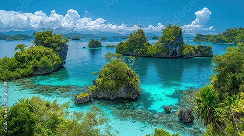 The view of the bay is idyllic with small rocky islands, clear turquoise water. Tour and sea travel concept