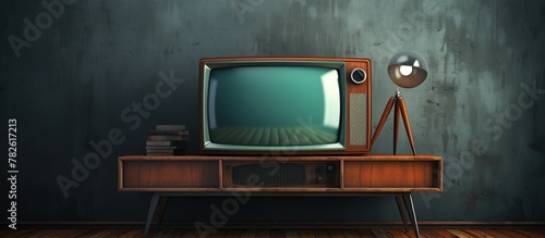 Retro old-fashioned classic television receiver with TV antenna on a wooden table. Retro digital technology in vintage style.