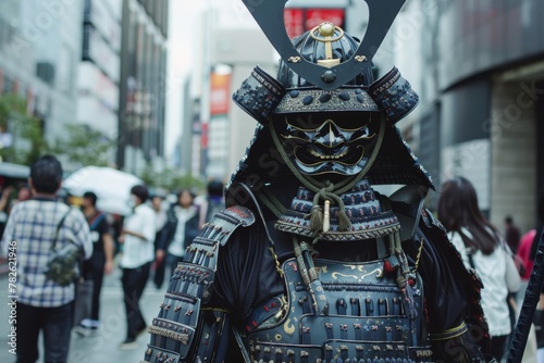 japan hi tech samurai in the street of big city centr