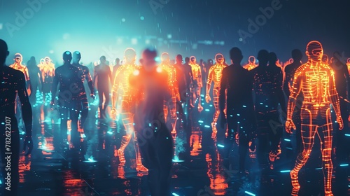 Cybernetically enhanced individuals walk amongst the crowd their glowing implants shining in the darkness AI generated illustration