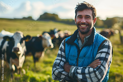 Farmer standing in field with cattle on background. Happy smiling young man with cow herd on dairy farm. Live stock for dairy and beef production. Agriculture industry and farming concept