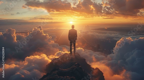 A man stands on a mountain top, looking out at the horizon. Business concept, background